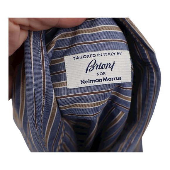 Brioni for Neiman Marcus Button Down Shirt Long Sleeve XL Blue Striped Cotton - Picture 9 of 14
